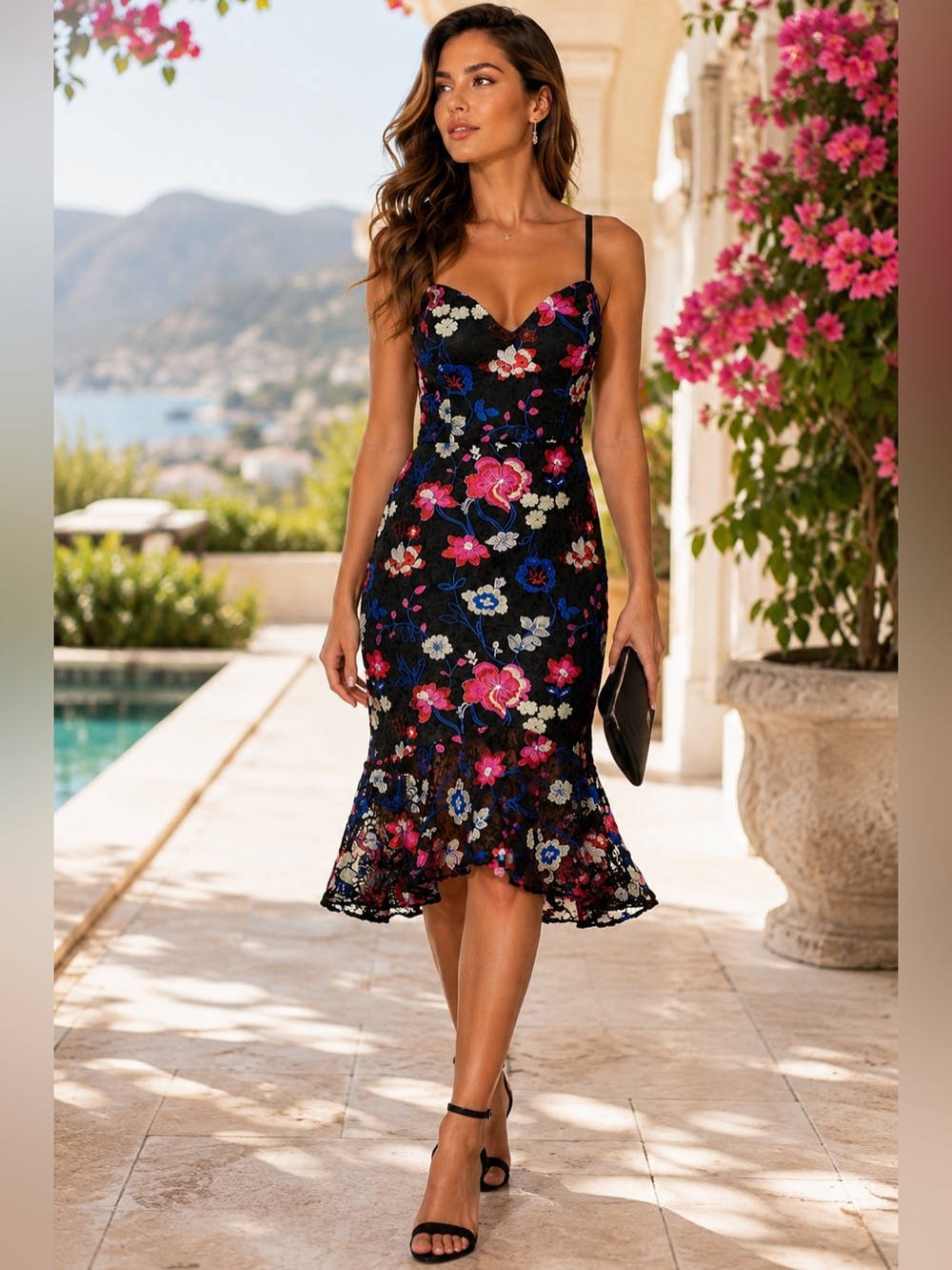 GUESS Black Multi Floral Embroidered Lace Midi Dress